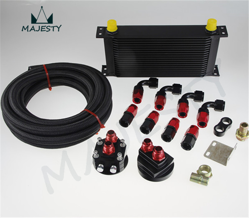 19 ROW UNIVERSAL ENGINE OIL COOLER + FILTER RELOCATION + 5M AN10 OIL LINE KIT black British type