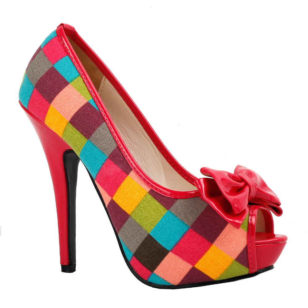 LF30472 Sexy Multi Coloured Check font b Tartan b font Bow Platform Stiletto Shoes Size 4