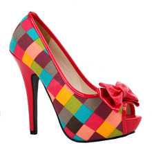 LF30472 Sexy Multi-Coloured Check Tartan Bow Platform Stiletto Shoes Size 4/5/6/7/8/9/10