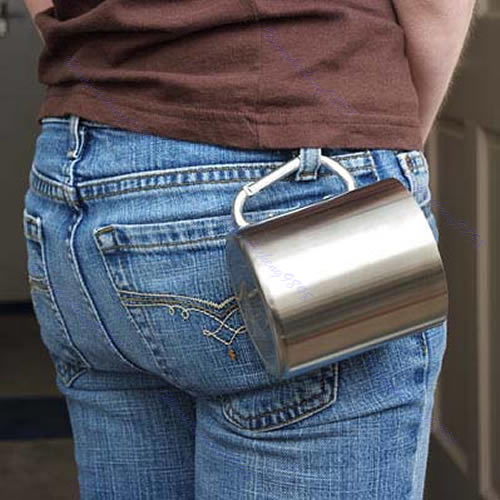 Stainless Steel Coffee Mug Camp Camping Cup Carabiner Hook Double Wall Free Shipping