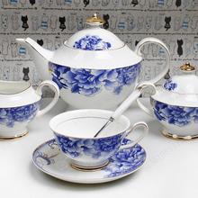 Free shipping, Fashion ceramic 15 coffee set blue and white porcelain coffee cup and saucer glaze classical blue peony tea set