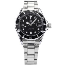Sewor Classic negro elegante Mens mecánico automático fecha Winding Display plata correa de acero inoxidable Dial negro reloj de pulsera