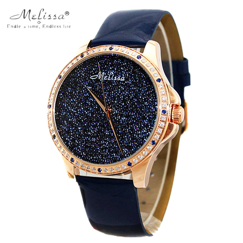 Melissa Lady Women s Wrist Watch Quartz Hours Best Fashion Bracelet Dark Blue Luxury Rhinestones Leather