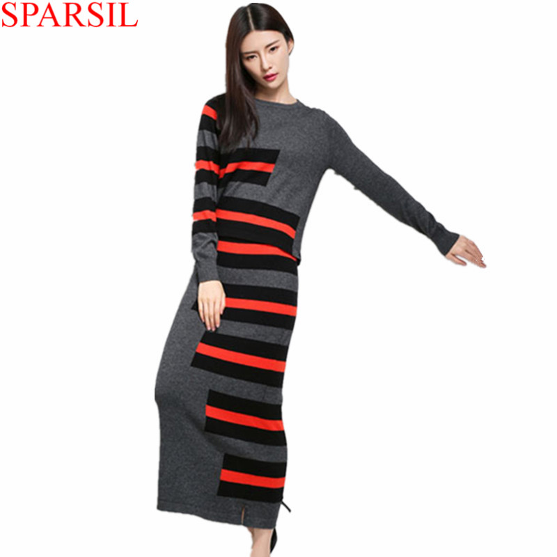 Women Cashmere Striped Sweater+Long Skirt/Set Autumn&Spring O-Neck Knitwear Pullover 2015 Fashion Lady Knitted Jumper Brand New