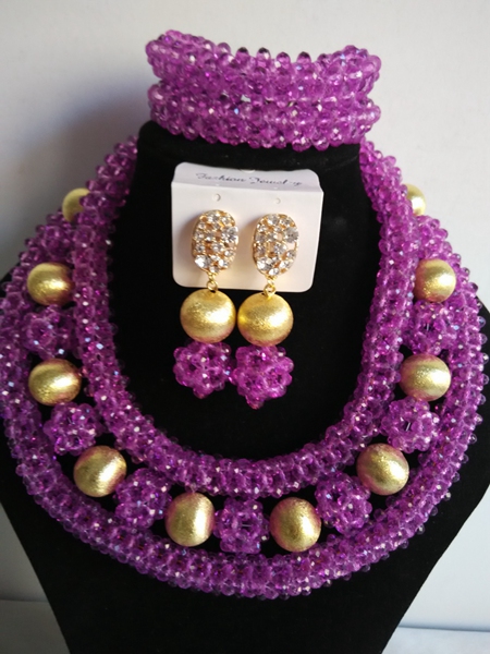 Fashion African beads jewelry set purple crystal beads bride jewelry nigerian wedding african beads jewelry Set  GG-294