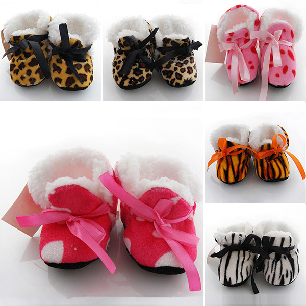 Leopard Zebra Toddler Kids Fleece Fur Boots Baby Shoes Winter Laced Ankle Socks
