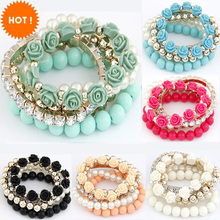 2015 Bohemian Fashion Candy Color Pearl Rose Flower Multilayer Beads Stretch Charm Bracelet & Bangle For Women pulseras mujer