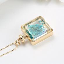 2015 Vintage Glass Collares Blue Dried Flower Crystal Square Pendant Necklace Gold Chain Statement Necklace Women