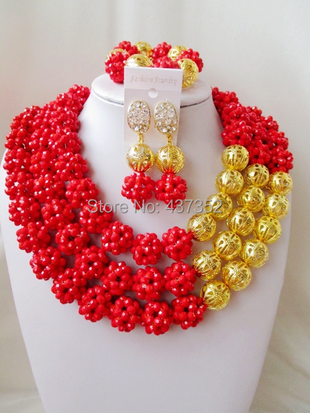 Luxury! Fashion Opaque red crystal ball costume jewellry nigerian wedding african beads jewelry set ABC209