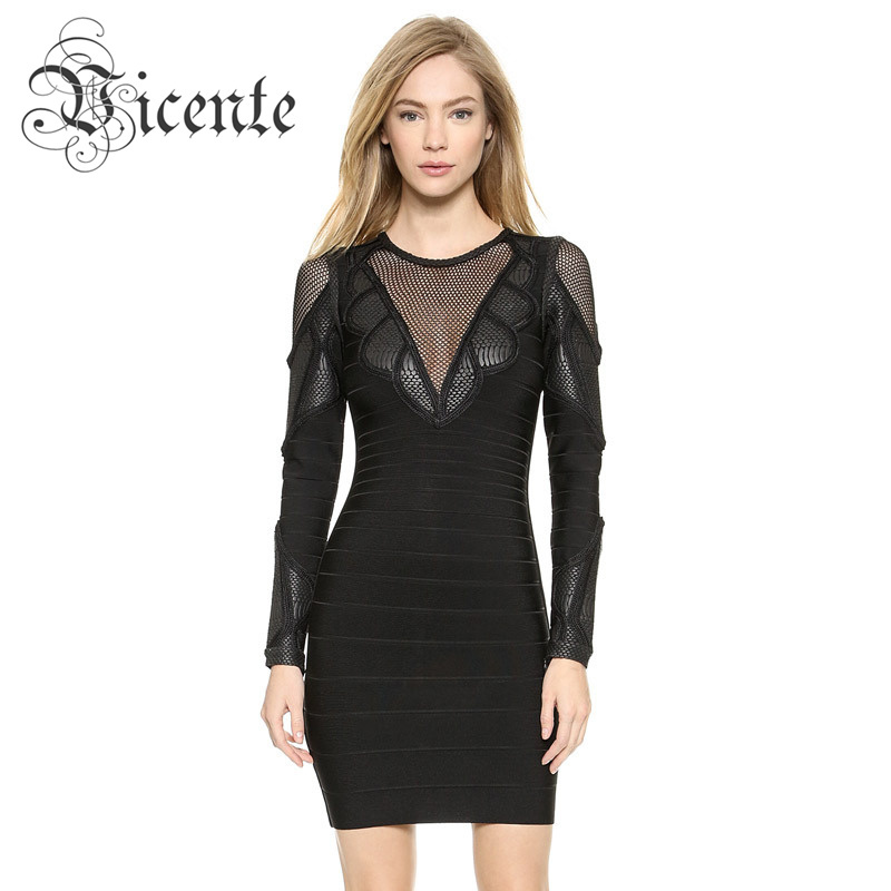 Free Shipping! 2015 New Chic Black Oil Print Snake Pattern Mesh Patchwork Long Sleeves Party Celebrity HL Bandage Dress