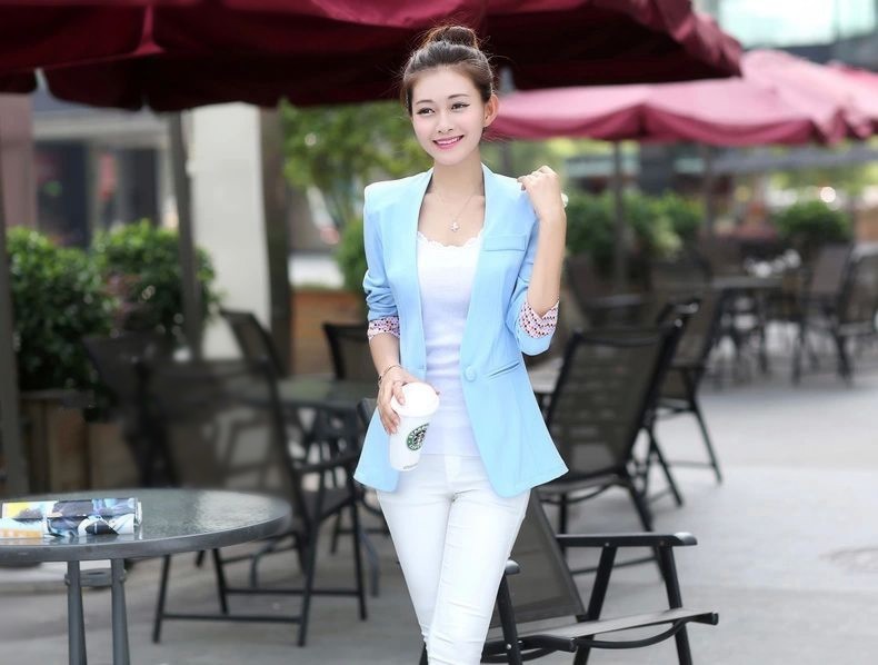 2015 New Women\'s Blue Blazer Summer Office Wear Purple Suit Sexy V-neck Color Patterns Stitching Sleeve Casual Blazer 6 Color 10