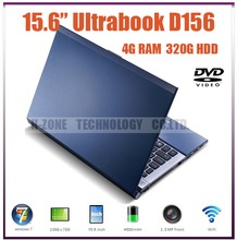 15.6 inch Cheap ultra thin laptop computer  4G 320G HDD Win 7  WiFi Bluetooth  Dual core 1.86G Built in DVD-ROM Free shipping