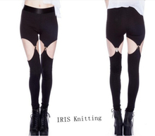 2016 New Fashion Matte Black Suspenders Leggings Women’s Leather Legging Hole Pants LG-361