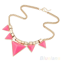 2014 New Fashion Womens Vintage Unique Jewelry Gold Metal Necklace Triangle Gems Pendant Chain Necklace 1D2D