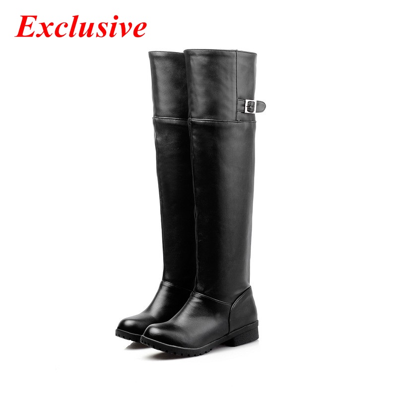 Belt Buckle Knee-high Boots 2015 Winter Square Heel Long Boots Black Brown Woman Shoe Plus Size Belt Buckle Knee-high Boots