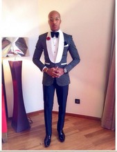 New Arrival Groomsmen Shawl White Lapel Groom Tuxedos Navy Blue Men Suits Wedding Best Man (Jacket+Pants+Tie+Hankerchief) B878