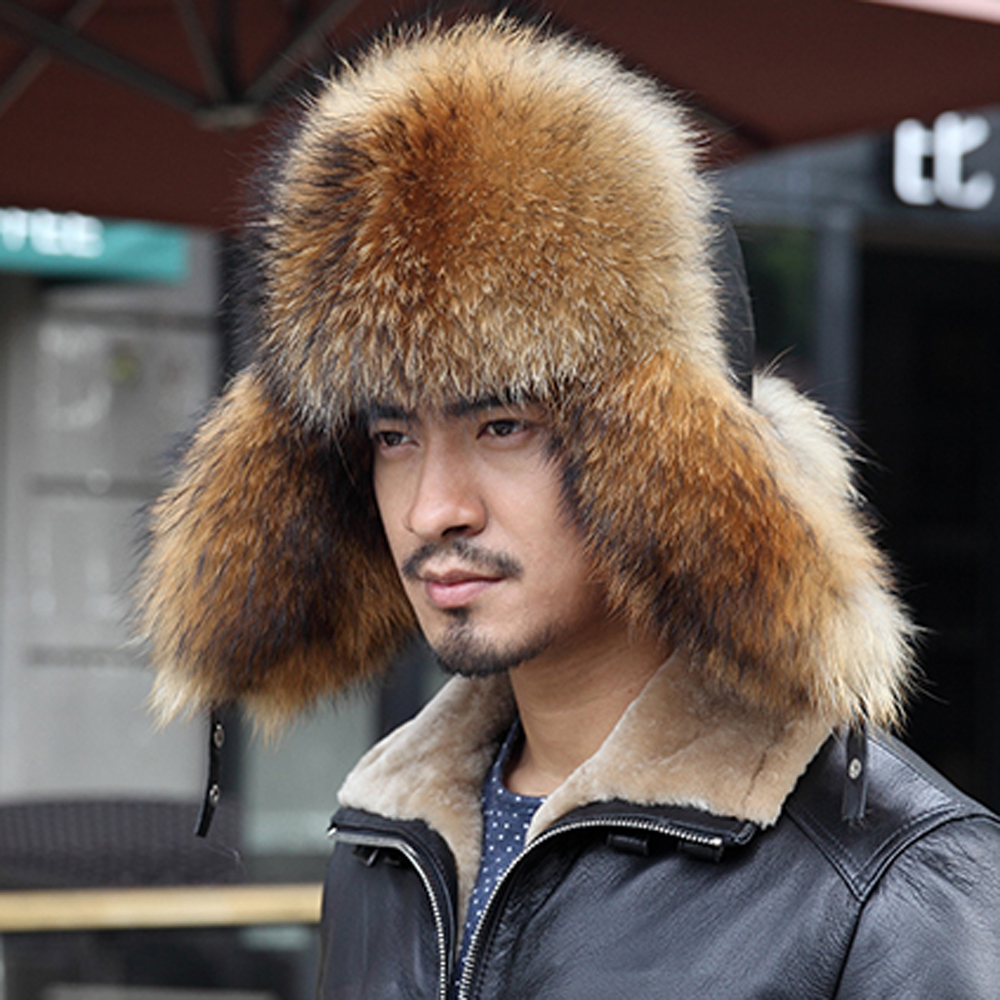 men's genuine raccoon dog fur Trapper Hat  winter ear flaps bomber hats natural fur hats Russian Ushanka outdoor caps YH135