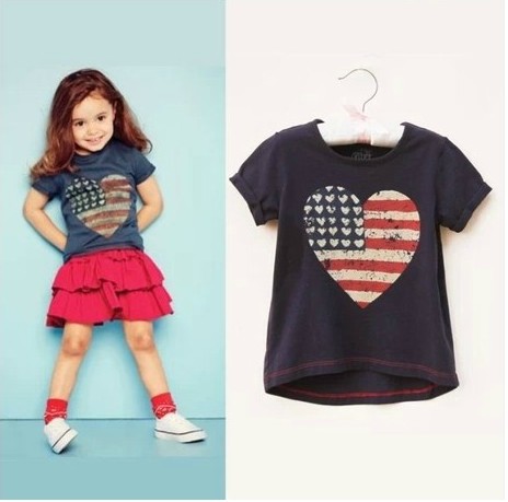 2014 New summer baby girl suit navy blue short sleeve cotton love t shirt + red skirt 2pcs set kids girls clothing set 6set/lot