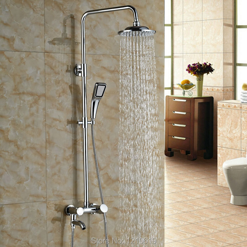 Newly Chrome 8-inch Bath Shower Faucet Set w/ ABS Hand Shower Wall Mount Shower Mixer Tap Single Handle