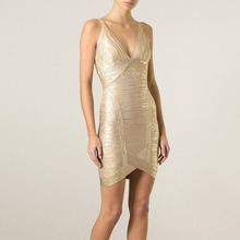 2015 New Women’s V Neck Bandage Dress Bodycon Dress Cocktail Party Dress Gold HL874# XS S M L