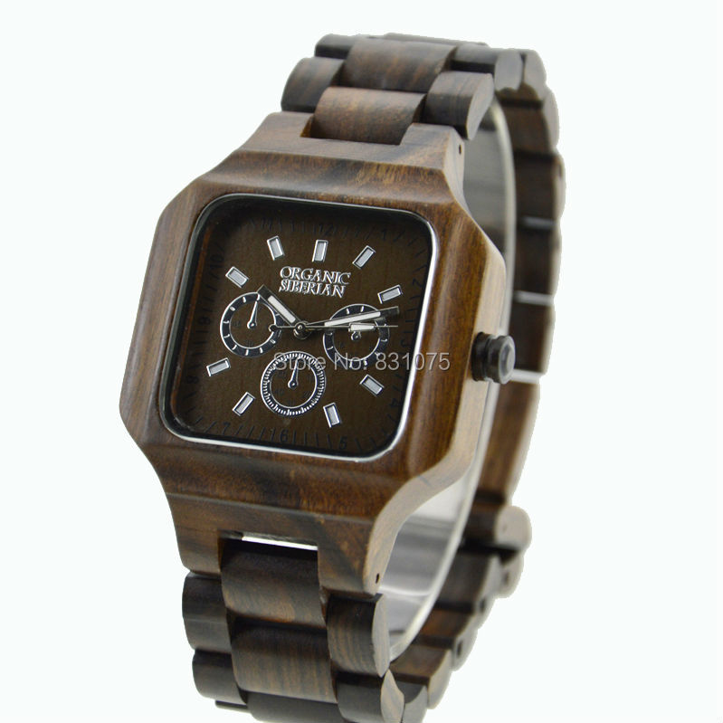 Square Wood Watches For Men With Chronograph Dial Dark Color New Arrival Stock Wood Watches For