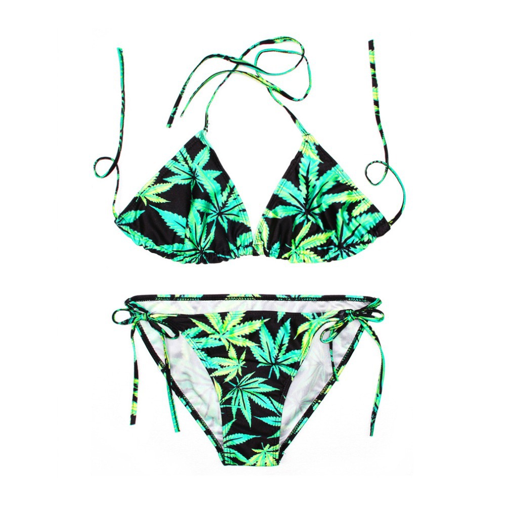 2015 Summer Style Black Milk Hemp Leaf Weed Bathing Suit String Bikini Braz...