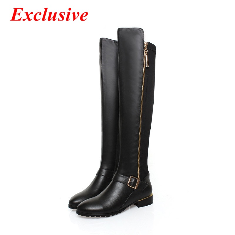 Woman Belt Buckle Knee-high Boots Winter Short Plush Genuine Leather Thick With Long Boots Plus Size Belt Buckle Knee-high Boots