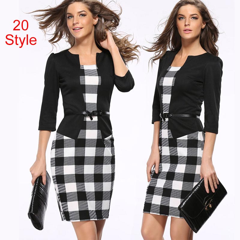 Womens Modest Belted font b Tartan b font Check Plaid Patchwork Flower Floral Leopard Print Fit