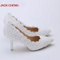 Fashion Sexy White Lace Flower with Ivory Pearl Heel Pointed Toe Wedding Shoes Women Bridal Dress