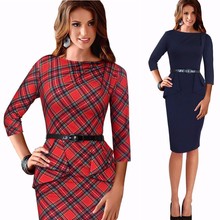 Spring Lady Vintage Tartan Red New Year Fitted Dress O Neck 3/4 Sleeve Belt Peplum Casual Zipper Pencil Dress