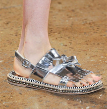 2015 Peter fashion show silver chain tassel flat bottomed leather sandals 100 real leather back strap
