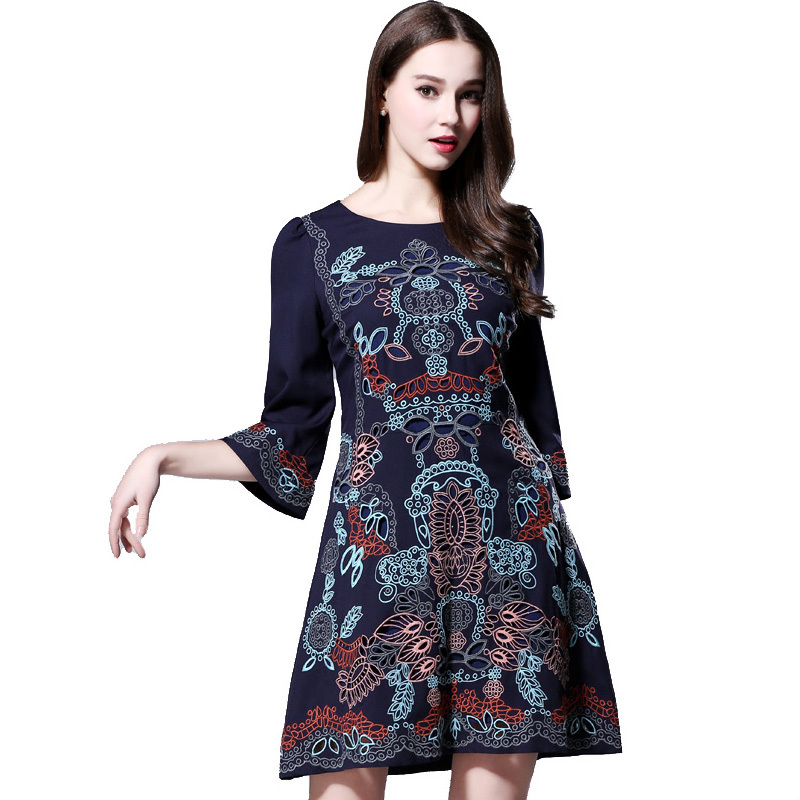 Europe Style 2015 Spring Summer Vintage National Heave Embroidery Plus Size Slim Dresses Casual O-Neck Flare Sleeve Dress LS357