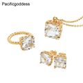 Pacificgoddess 18K Gold Plated Luxury Cubic Zircon Stainless Steel Jewelry Set Charm Wedding Rings Earrings and