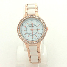 Copia de cerámica de moda mujer relojes de cuarzo, decoración rhinestone caso en oro placa, copia de cerámica / banda de metal, movimiento de cuarzo