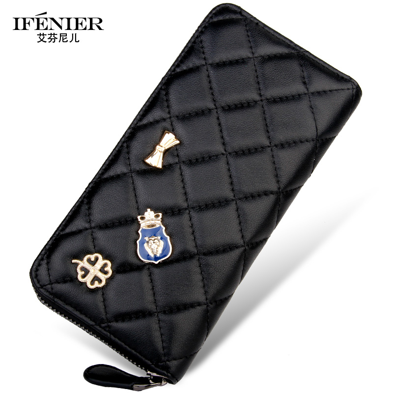 women Pfennig sheepski dimond plaid mobile phone bag card holder genuine leather wallets brand change purse female wallet clutch