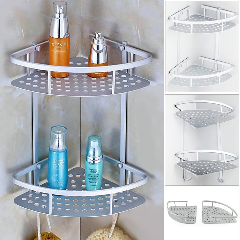 Aluminum 2-tier Wall Shelf Shower Shelf Shampoo Holder Bathroom Corner Rack Storage Holder Hanger 2 Layer Organizer