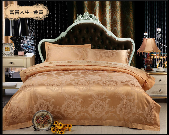 GoldWhiteBlue Jacquard bedding set Luxury 4pcs Satin duvetcomforter ...
