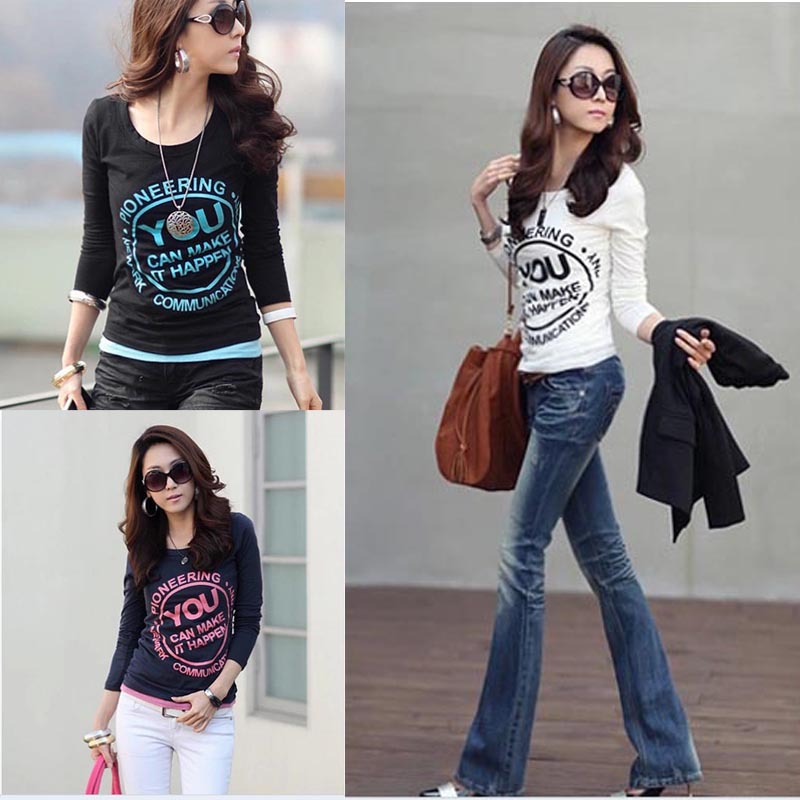 Women Long Sleeve Letters Painting Round Neck Slim...