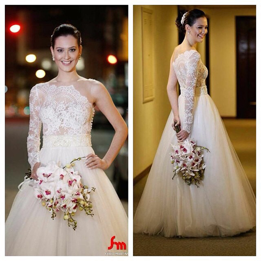 Real Sample One Shoulder Long Sleeve Ball Gown Wed...
