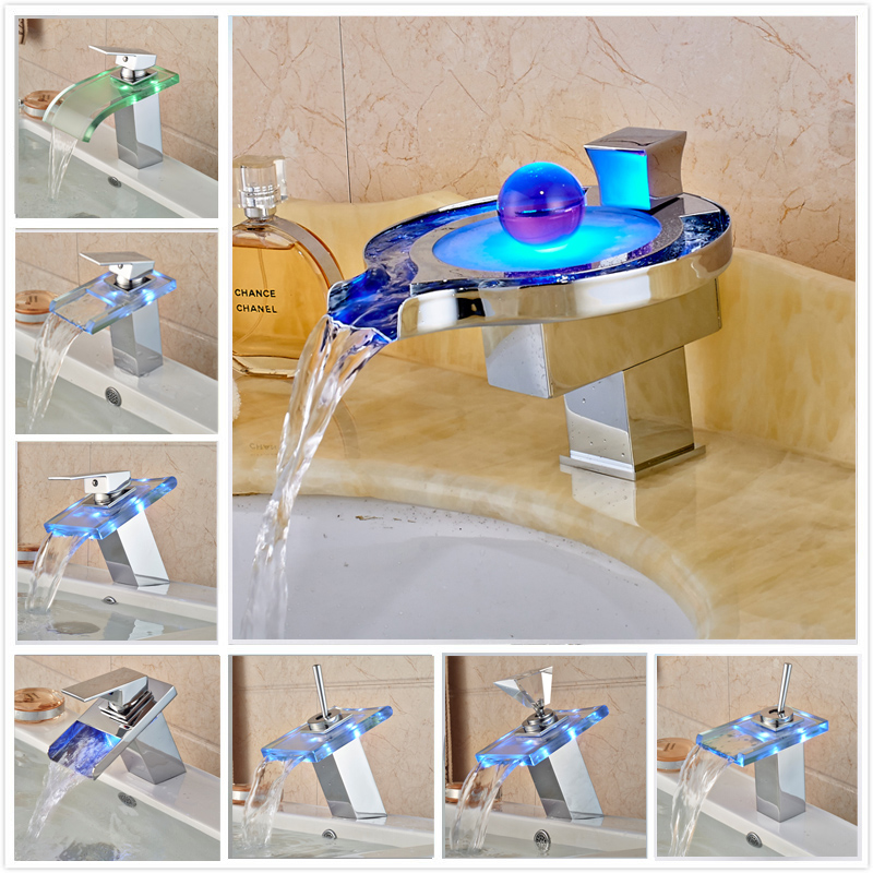 LED RGB Colors Basin Sink Faucet Deck Mount Waterfall Brass Bathroom Vessel Sink Mixer Tap Chrome Finish