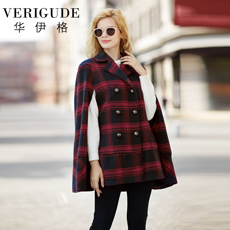 Veri Gude Women Ponchos for Winter Cloak Woolen Coat Red and Black Plaid Pattern