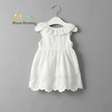 Moon Morning Girls Dresses Ruffles Back Bow Frill Vestidos 2T~8T White Sleeveless Sundress Draped High Quality Children Clothing