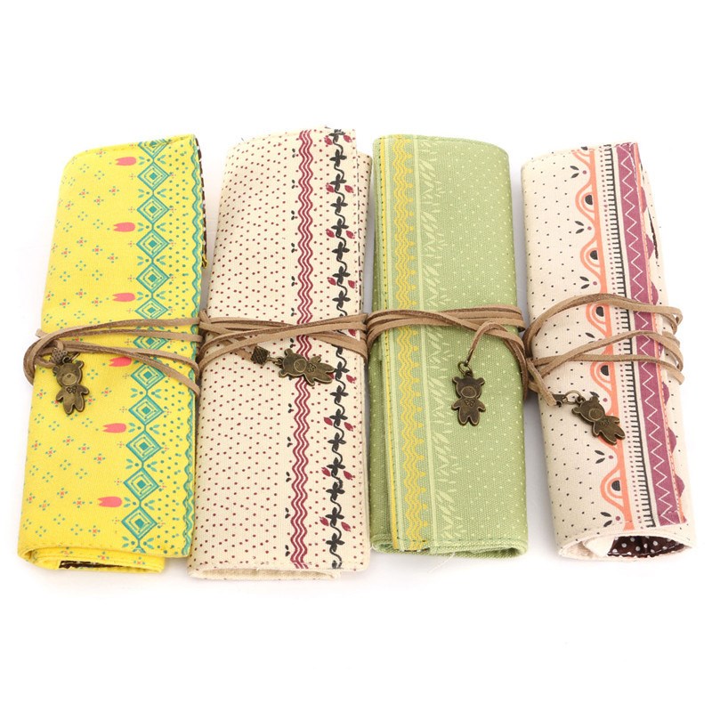 Durable Canvas Roll Up Pencil Bag Pen Brush Case Make Up Cosmetic Pouch Purse Bag Gift School Students Stationery Supplies