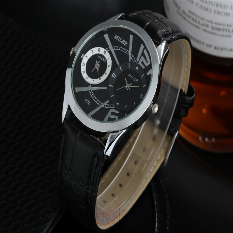 2015 New MILER Fashion Two Dials Analog Hour Leather Band Outdoor Quartz Wrist Watch Women s