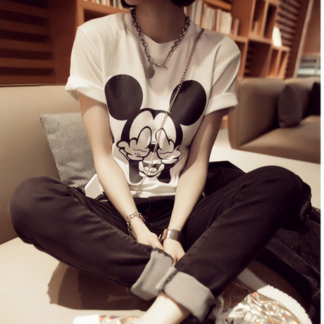 2015 Summer Women s T Shirt style New Women Fashion Short sleeved Bottoming Blends Mickey Cartoon
