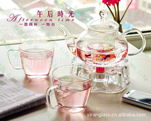 Glass teaset coffee set 600ml teapot 1 round warmer base 2pc 200ml tea cup flower loose