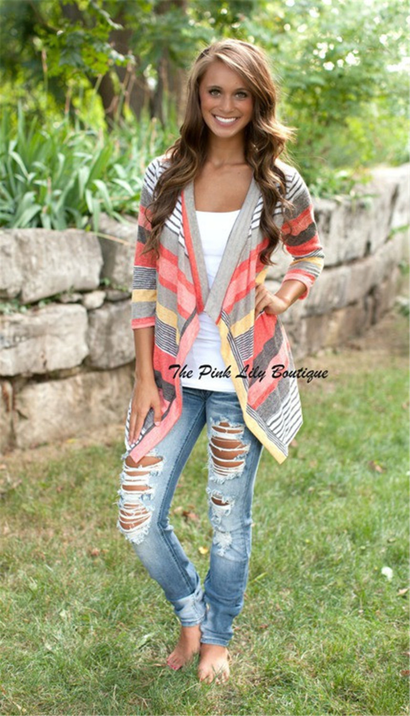 2015 Autumn style Women long sleeve casual cardigan Slim colorful striped Knitted women Cardigans outerwear 2 colors women coat 1