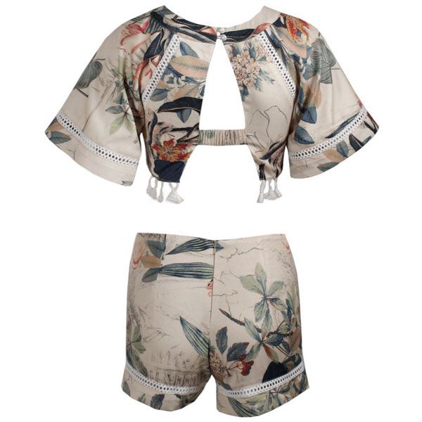 2015 Summer Women Sexy Floral Tassel Two-piece Backless Casual Crop Tops + Pants Shorts Suit Sets Fashion