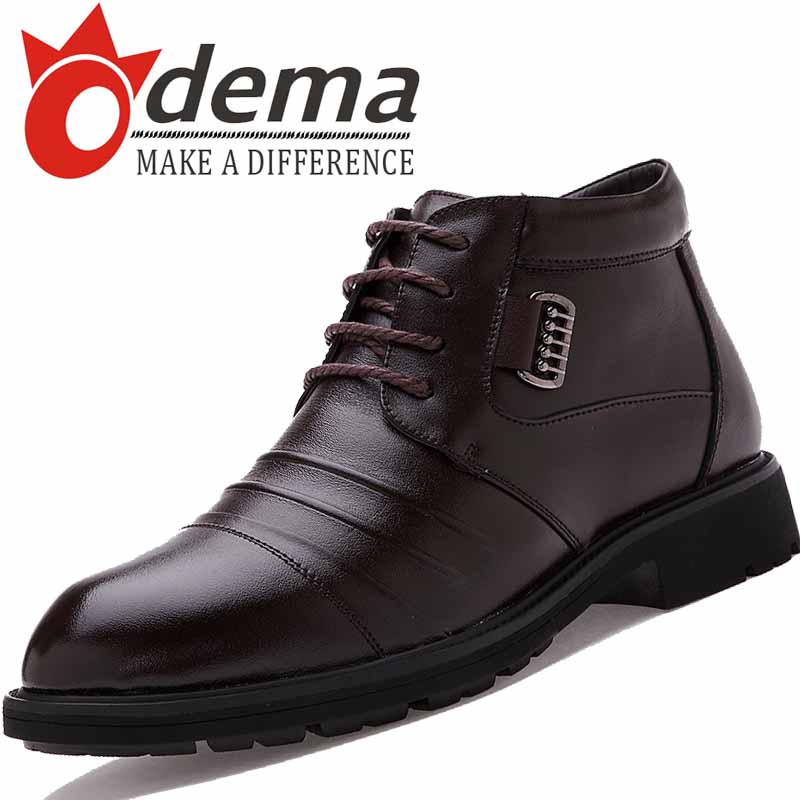 ODEMA Warm Winter Plush Fur Boots For Men Black Brown Genuine Leather Ankle Boots Fashion Sequined Lace Up Men's Martin Boots