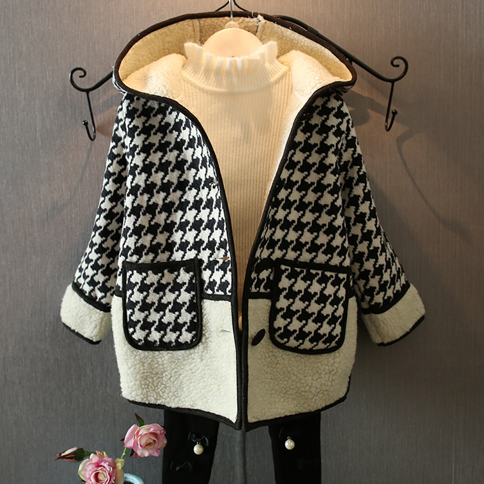 new 2015 autumn winter casual Houndstooth woolen coat for girls clothes Plus velvet warm children jackets